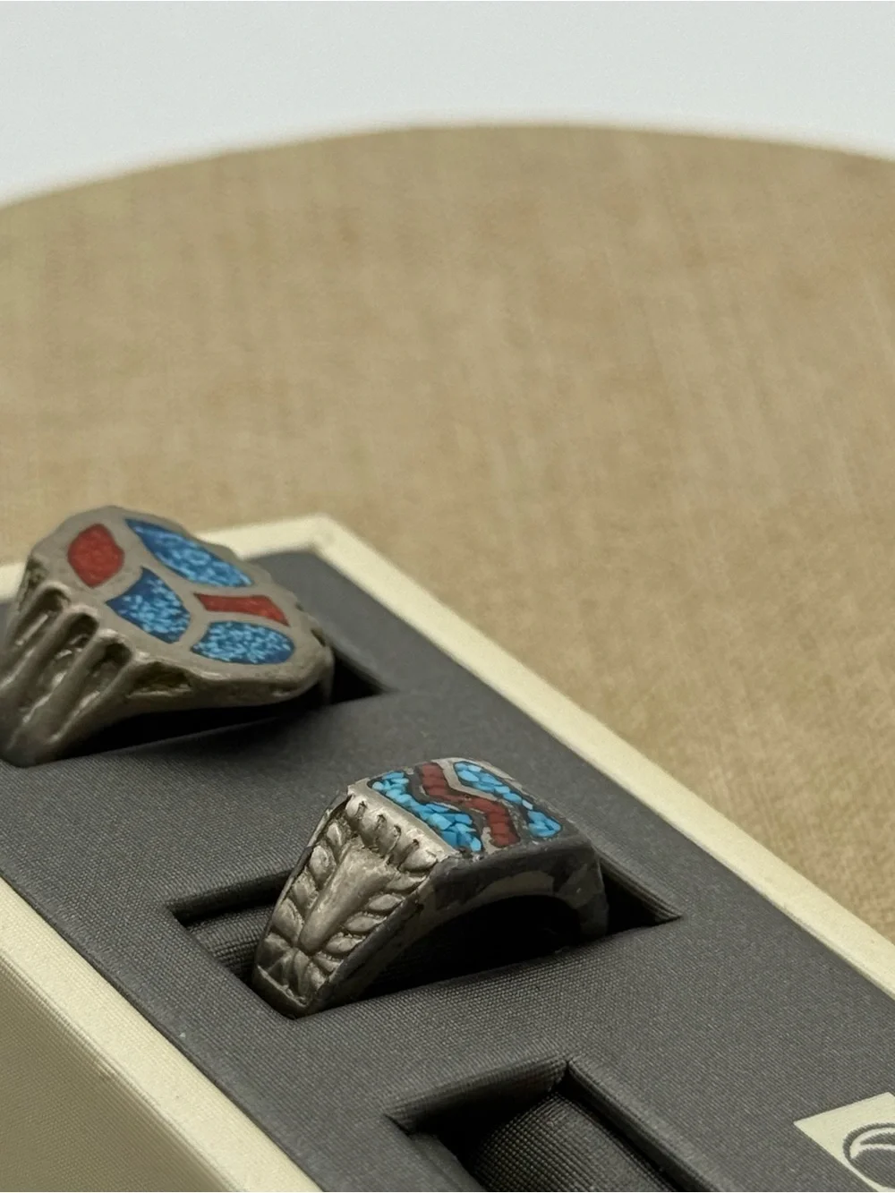 Set of two Men's Silver-Tone Inlay Ring with turquoise and coral Accents
